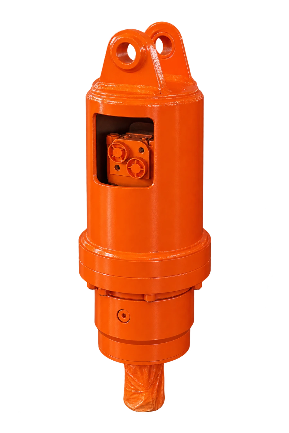 Orange hydraulic auger drive with mounting eyes, motor connections and wrapped output shaft