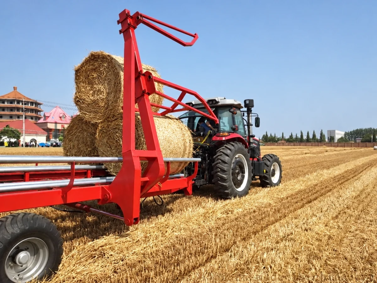 Self-loading round-bale trailer carrying bales in a field
