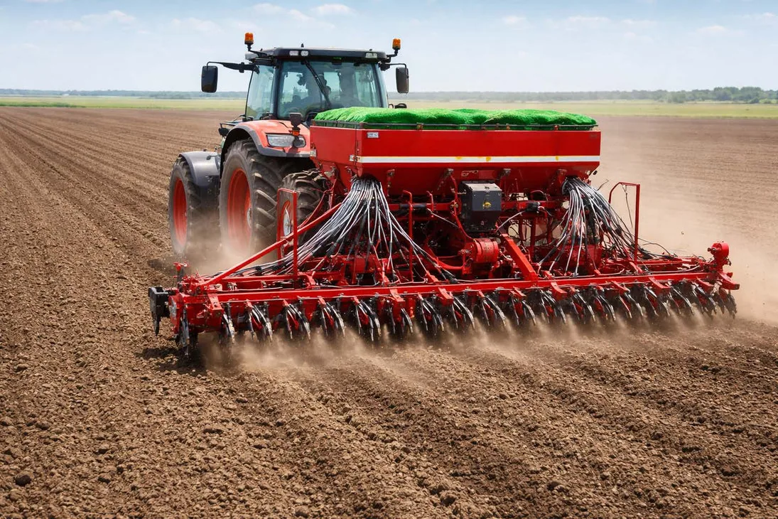 Seed drill establishing rows in a prepared field