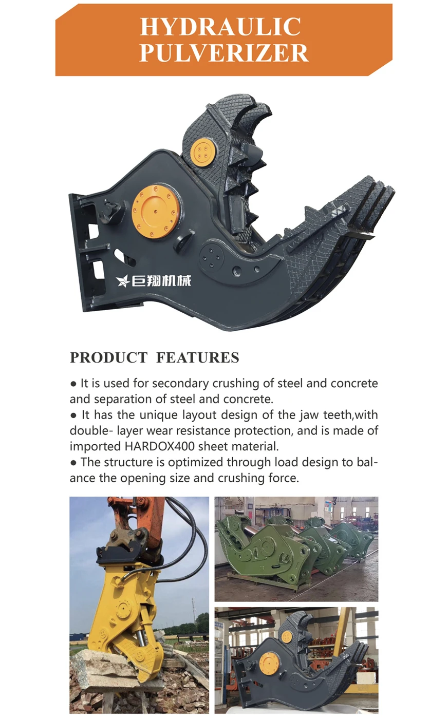 Excavator-mounted fixed pulveriser breaking a concrete section
