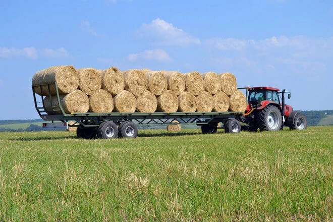 Bale transport on a tractor-towed flatbed trailer