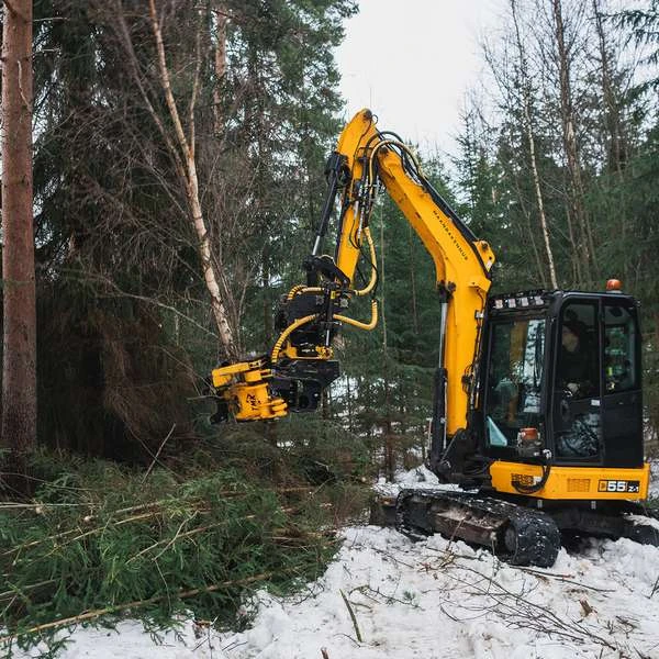 Tree cutting with an excavator-mounted hydraulic shear
